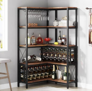 Large Corner Wine Rack, 5-Tier L Shaped Industrial Freestanding Floor Bar Cabinets for Liquor and Glasses Storage