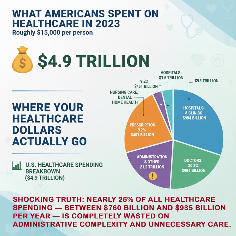 $4.9 Trillion is spent, roughly $15,000 per person, but nearly 1/4 of it is waste